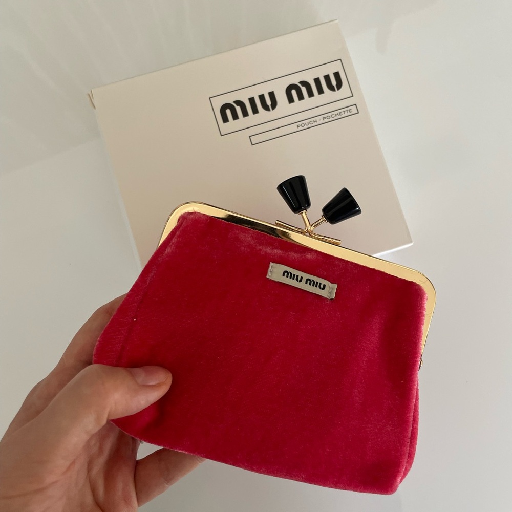 MIU MIU pink red Velvet retro Clutch with Gold Trim wallet